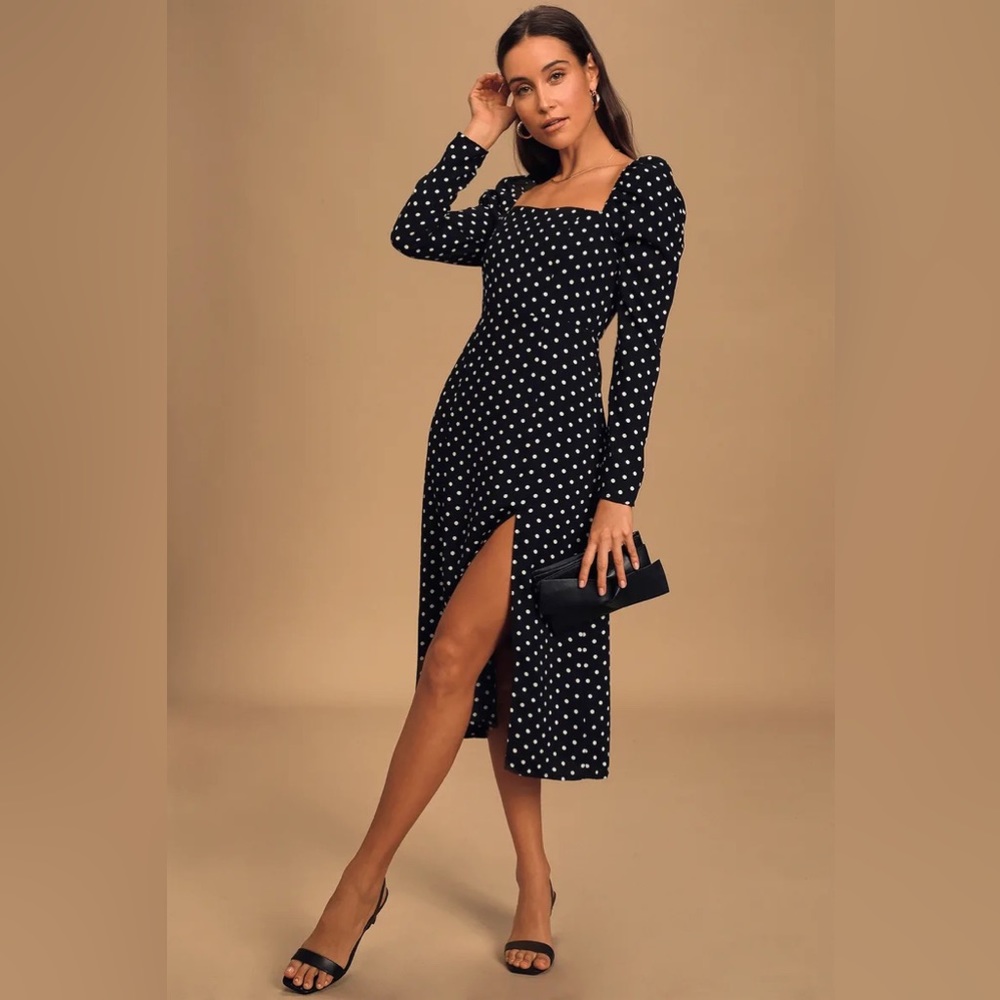 LULUS Charmed and Classy Black Polka Dot Long Sleeve Midi Dress XS